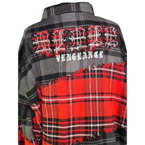 Rebel Vengeance Mens Plaid Patchwork Shirt Jacket XL 100% Cotton Red & Black - Picture 5 of 14